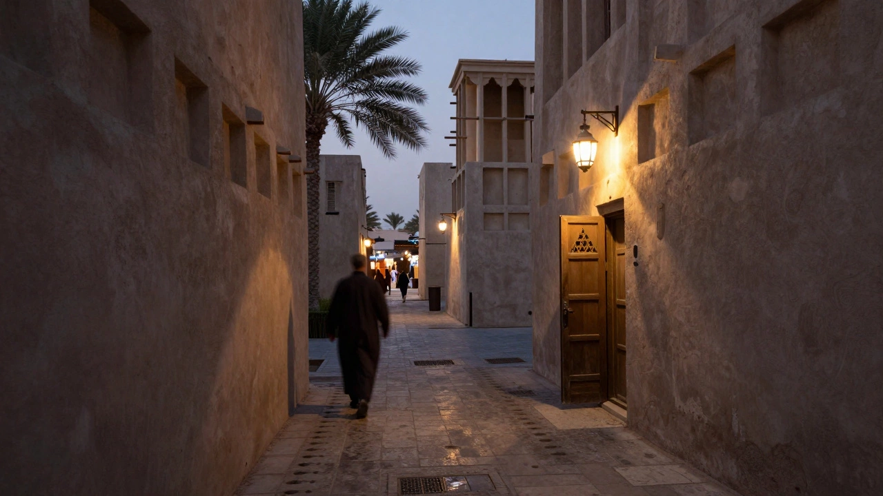 A secluded alley in Bur Dubai at dusk, with a dimly lit doorway and no signs, conveying quiet discretion and privacy.