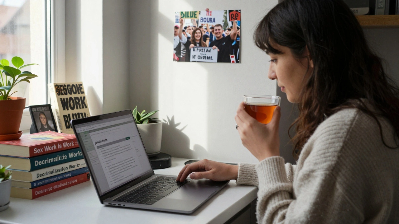 A sex worker at home, relaxed and dignified, surrounded by books and sunlight in a quiet kitchen.