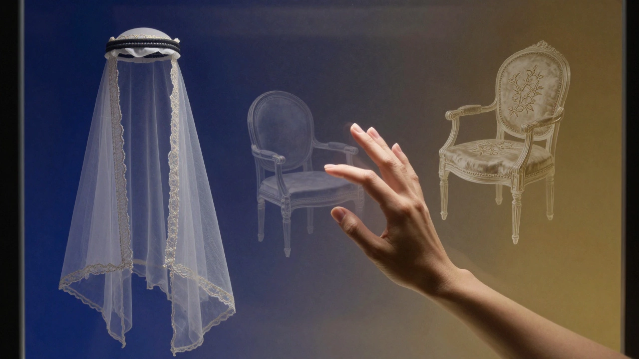 An abstract art composition of floating historical objects around a hand touching museum glass, symbolizing cultural desire.